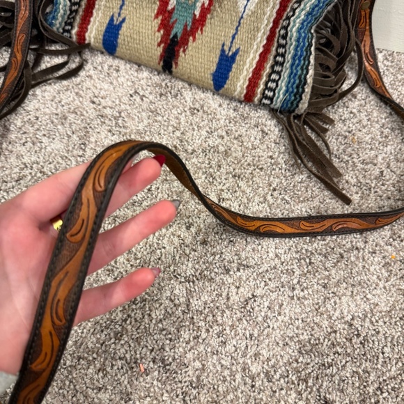Rafter T Ranch Co. Tooled Leather & Southwestern Fringe Crossbody Bag - Picture 2 of 5